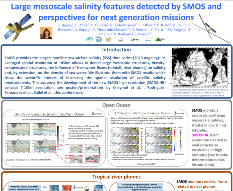 Large mesoscale salinity features detected by SMOS and perspectives for next generation missions