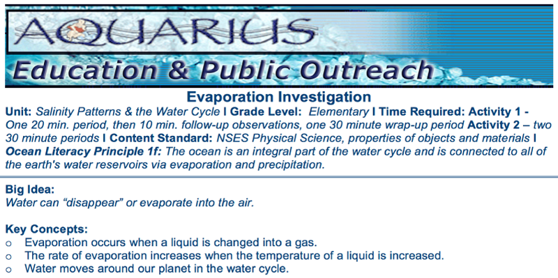 Document cover page: evaporation investigation