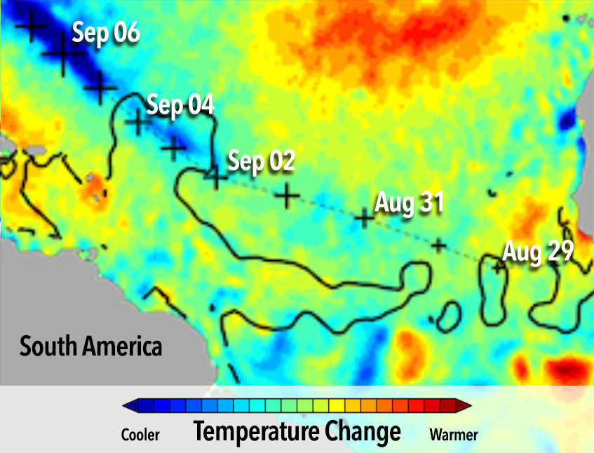Difference in temperature after the hurricane passed over the plume