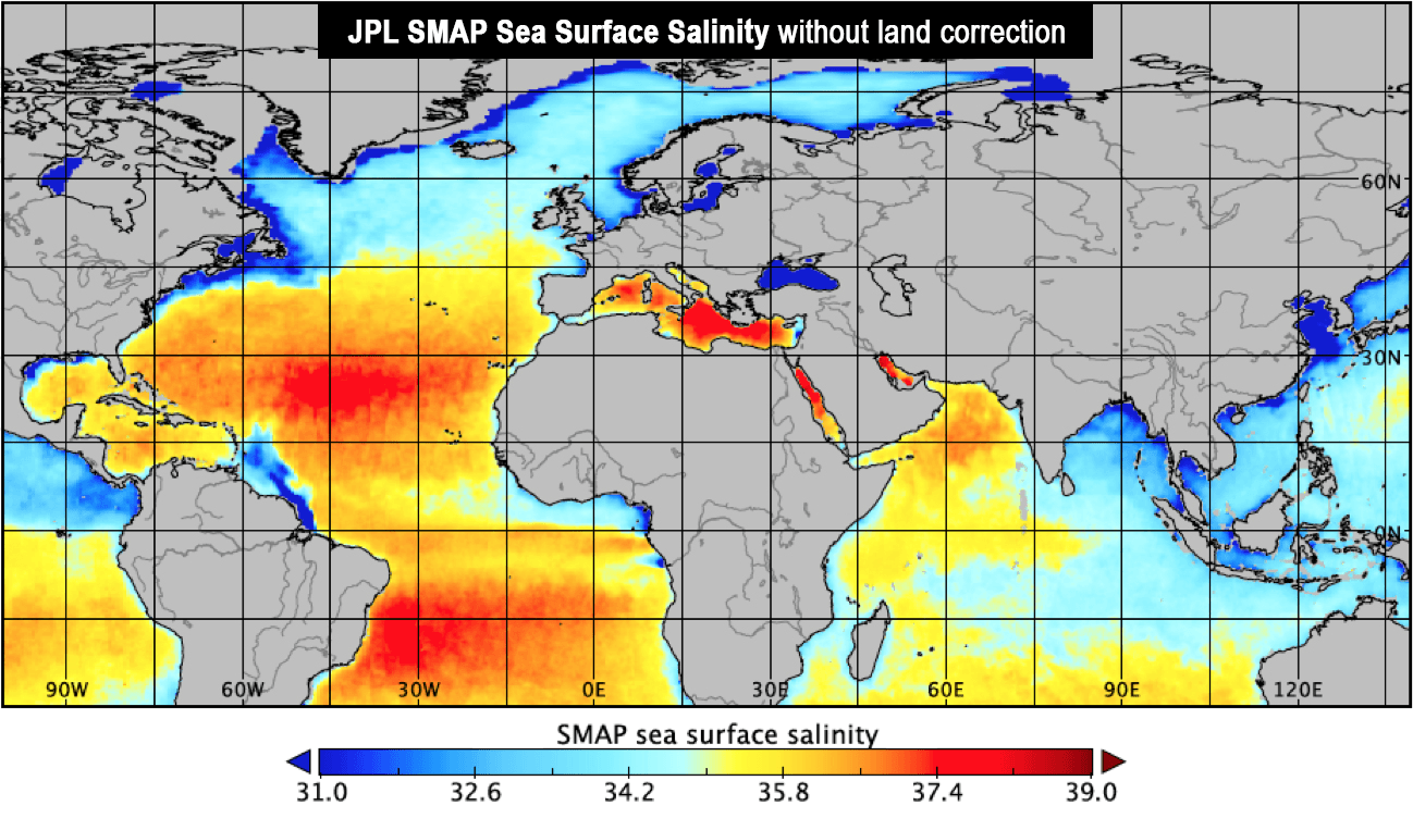 JPL SMAP sea surface salinity map with and without land correction