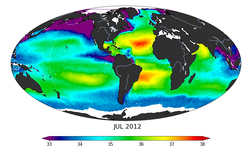 Sea surface salinity, July 2012