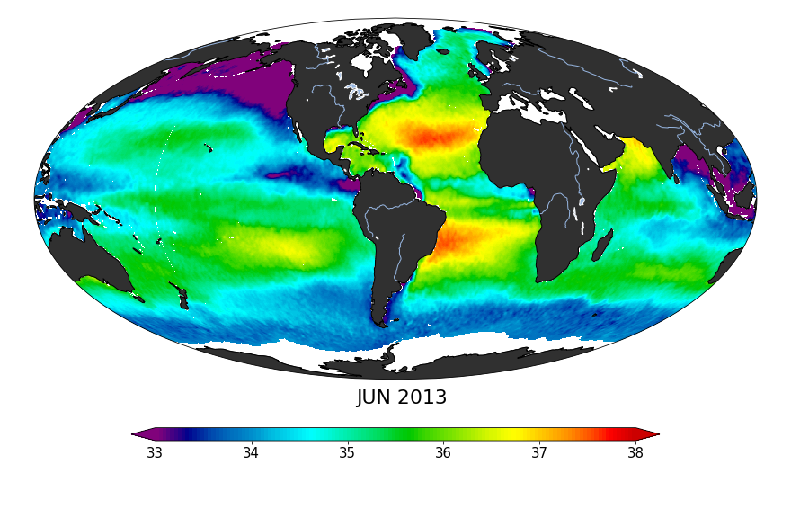 Sea surface salinity, June 2013