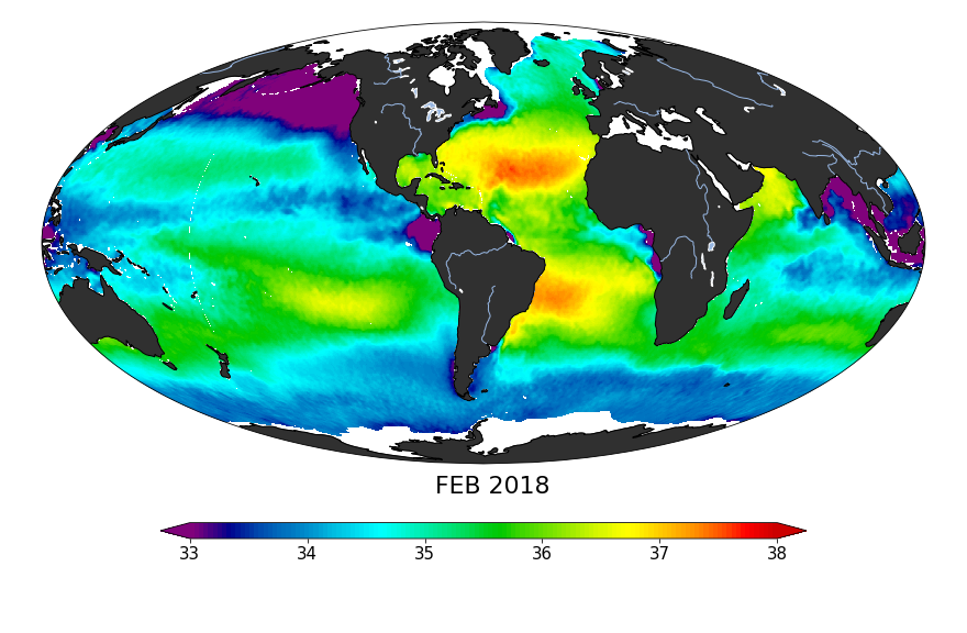 Sea surface salinity, February 2018