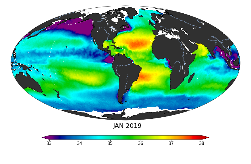 Sea surface salinity, January 2019