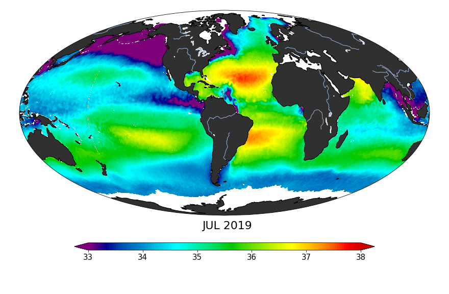 Sea surface salinity, July 2019