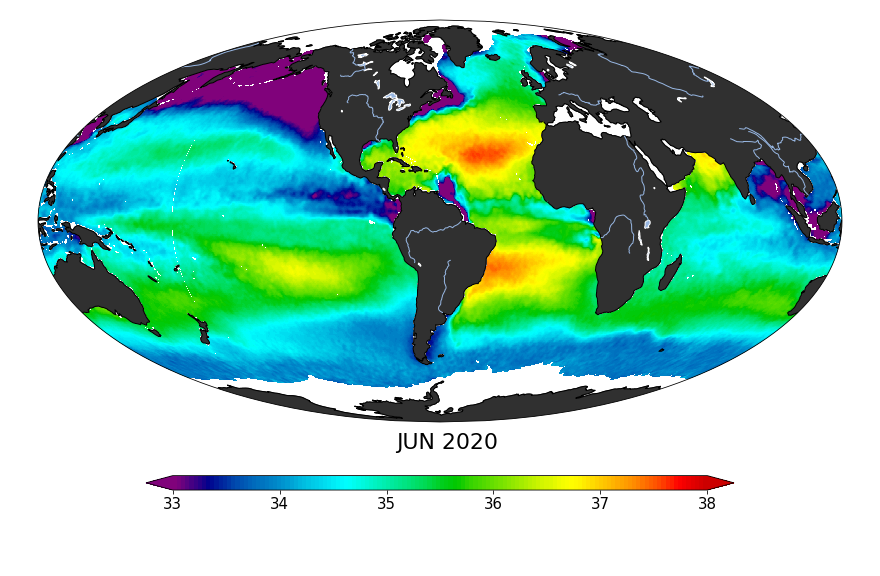 Sea surface salinity, June 2020