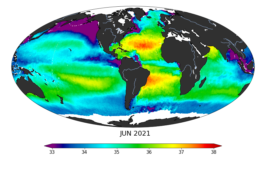 Sea surface salinity, June 2021