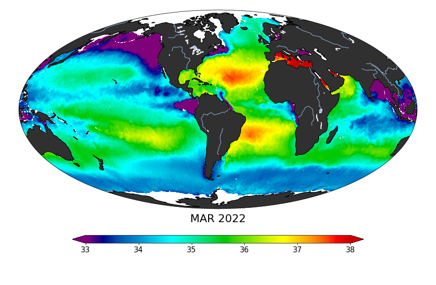 Global map of monthly sea surface salinity, March 2022
