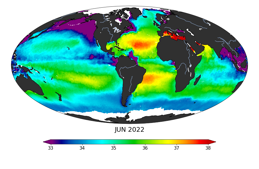 Global map of monthly sea surface salinity, June 2022