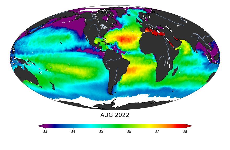 Global map of monthly sea surface salinity, August 2022