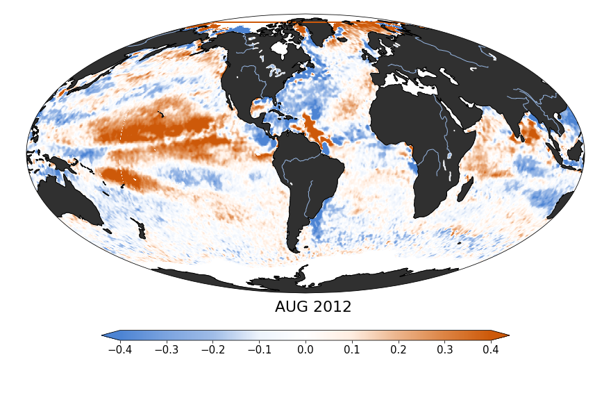 Sea surface salinity, August 2012
