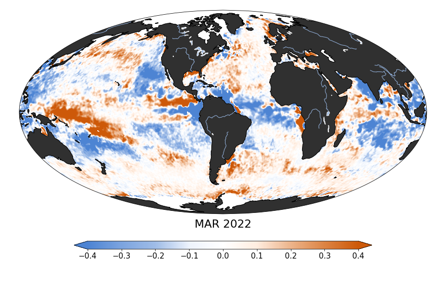 Global map of monthly sea surface salinity anomaly data, March 2022