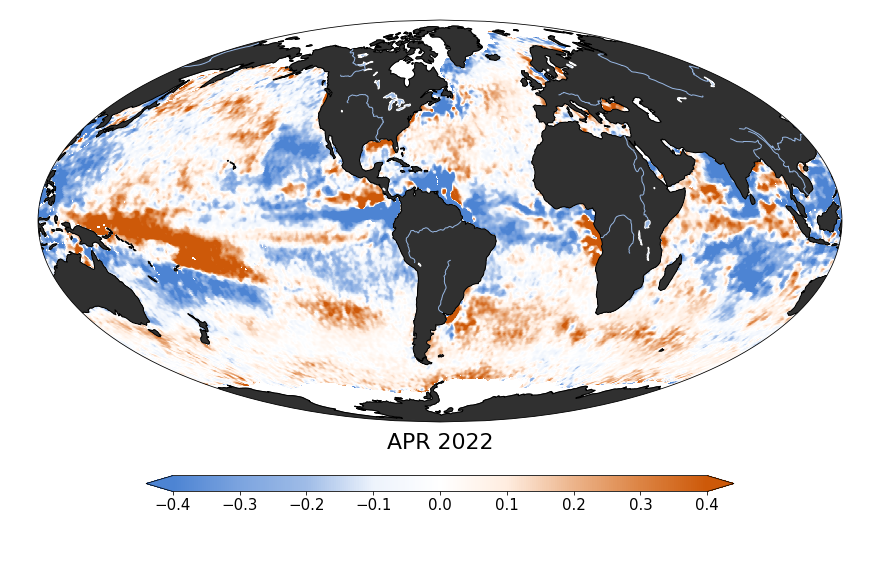 Global map of monthly sea surface salinity anomaly data, April 2022