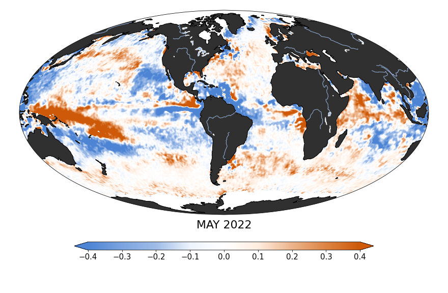 Global map of monthly sea surface salinity anomaly data, May 2022