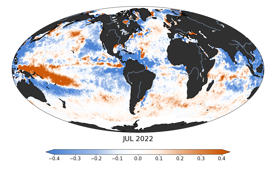 Global map of monthly sea surface salinity anomaly data, July 2022