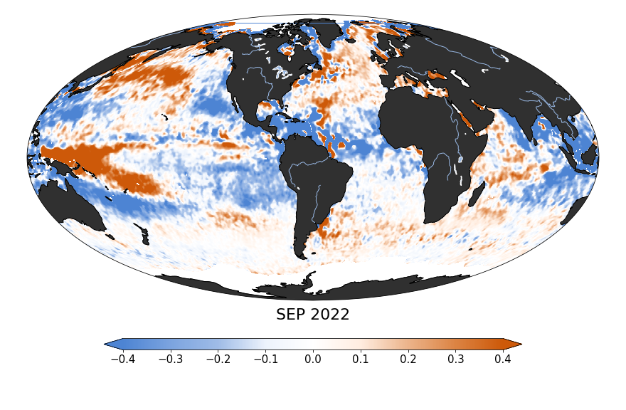 Global map of monthly sea surface salinity anomaly data, September 2022
