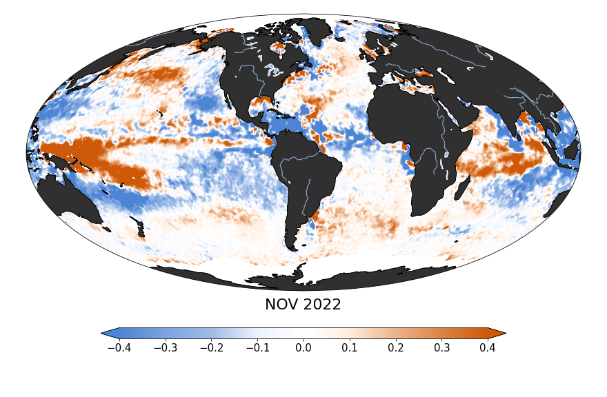 Global map of monthly sea surface salinity anomaly data, November 2022