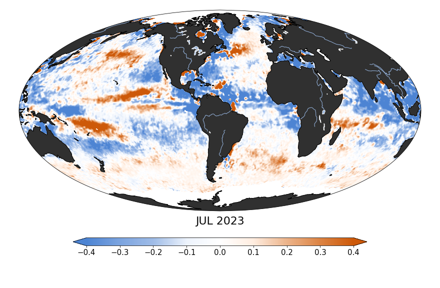 Global map of monthly sea surface salinity anomaly data, July 2023