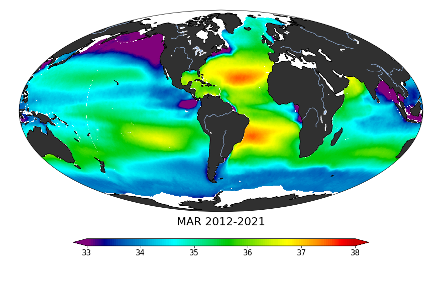 Global composite map of sea surface salinity, March 2012-2021