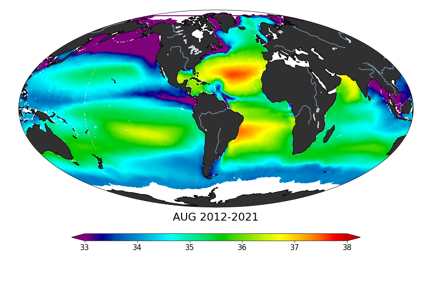 Global composite map of sea surface salinity, August 2012-2021