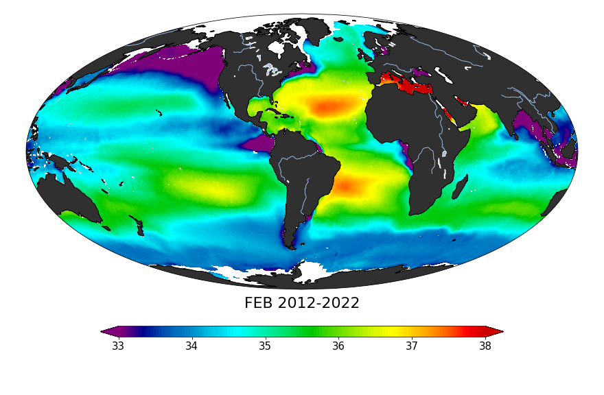 Global composite map of sea surface salinity, February 2012-2021