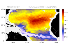 Sea surface salinity, September 27, 2011