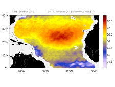 Sea surface salinity, March 28, 2012