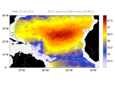 Sea surface salinity, July 25, 2012