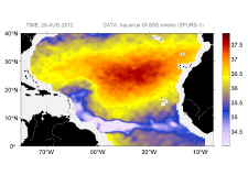 Sea surface salinity, August 29, 2012