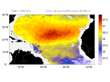Sea surface salinity, April 5, 2013