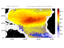 Sea surface salinity, April 26, 2013