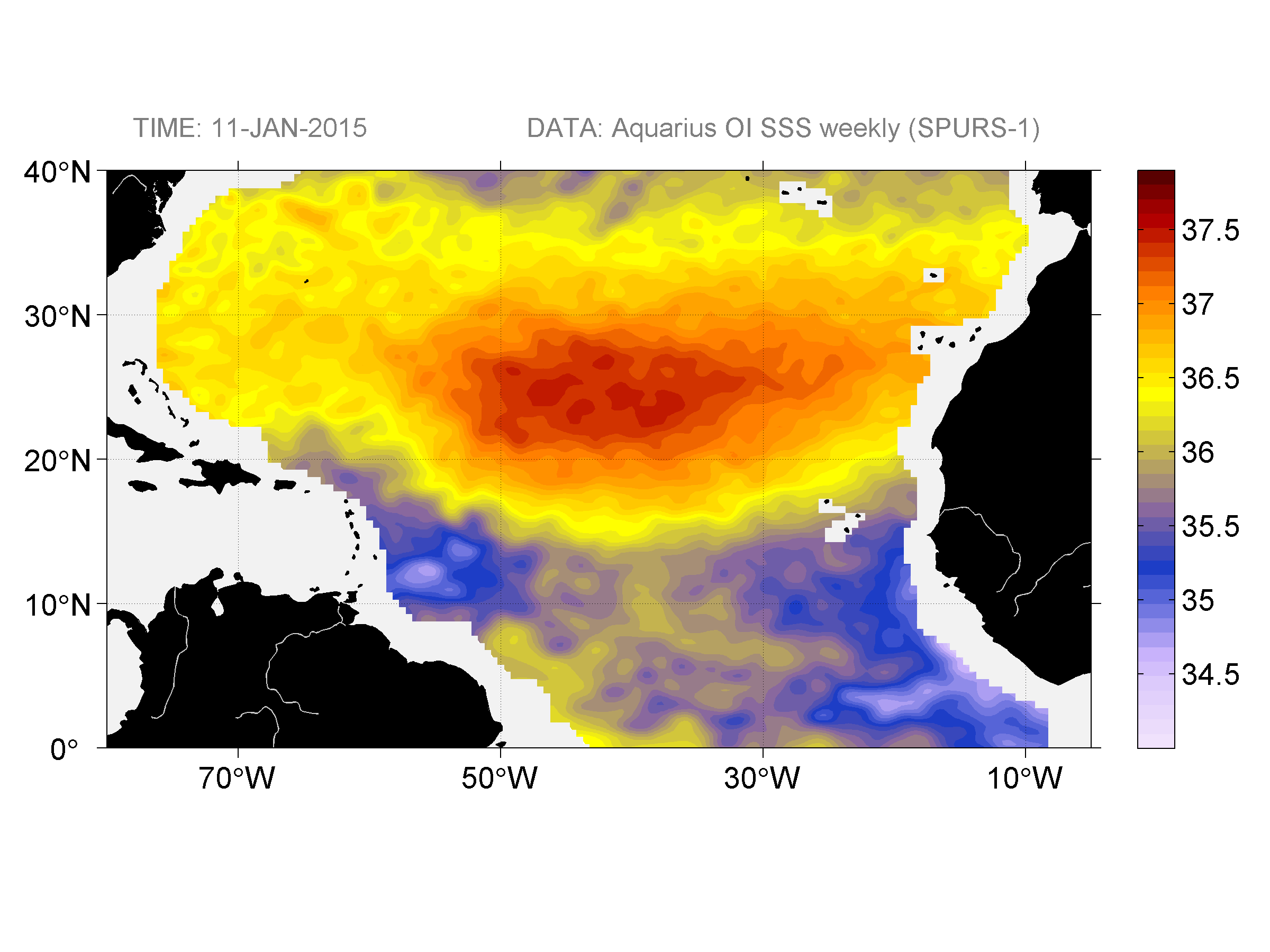 Weekly gridded map of sea surface salinity, week ofJanuary 11, 2015.