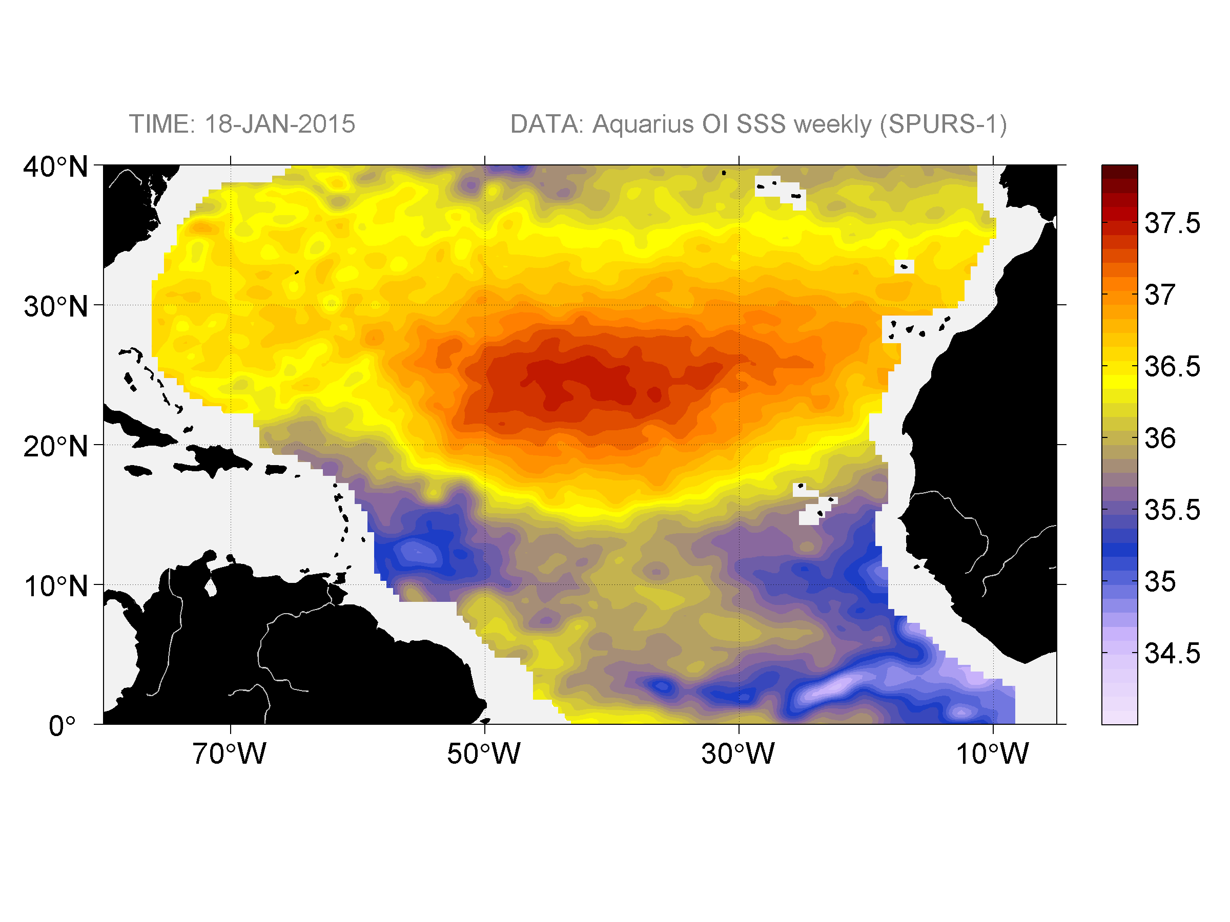 Weekly gridded map of sea surface salinity, week ofJanuary 18, 2015.