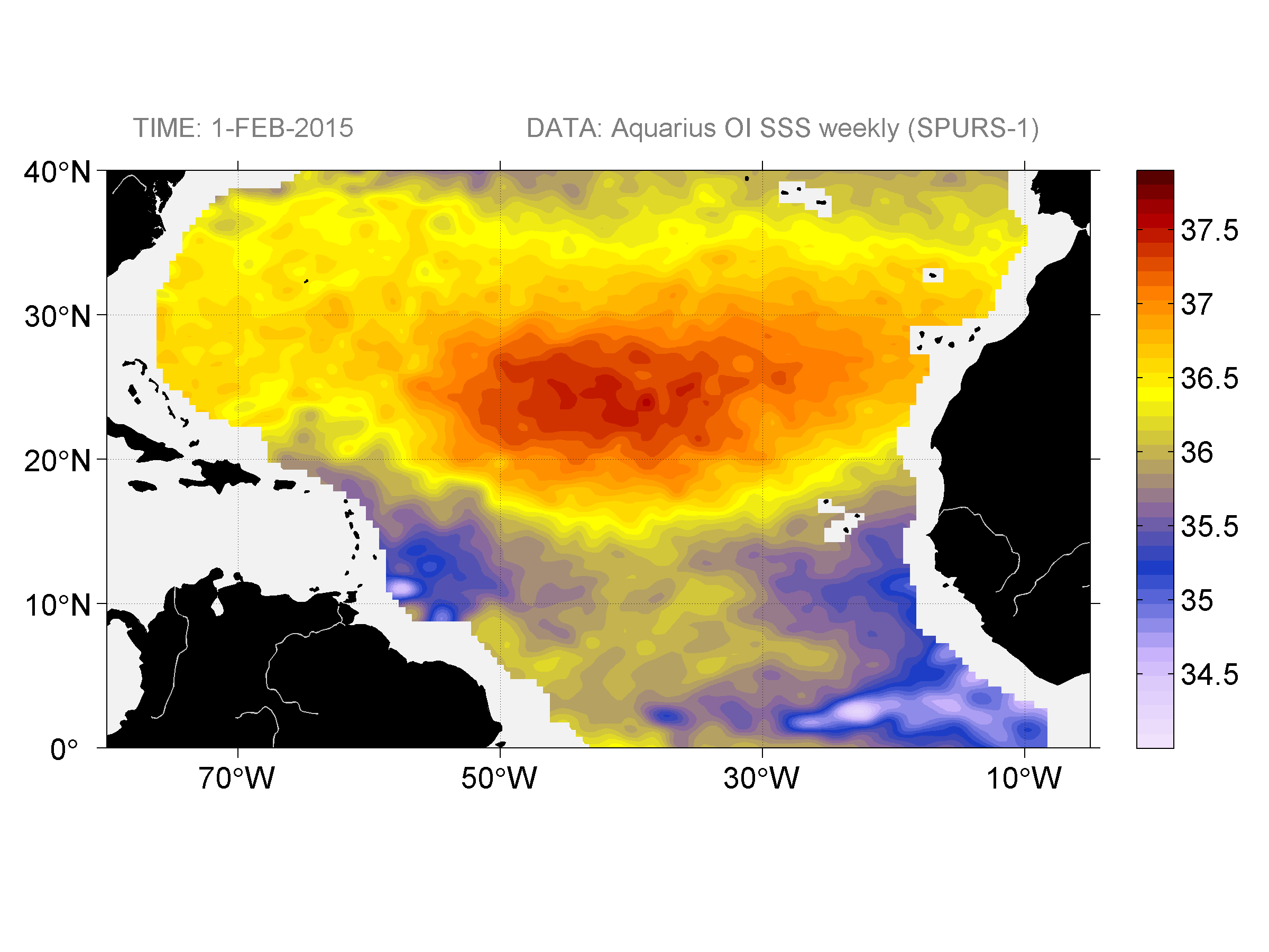 Weekly gridded map of sea surface salinity, week ofFebruary 1, 2015.