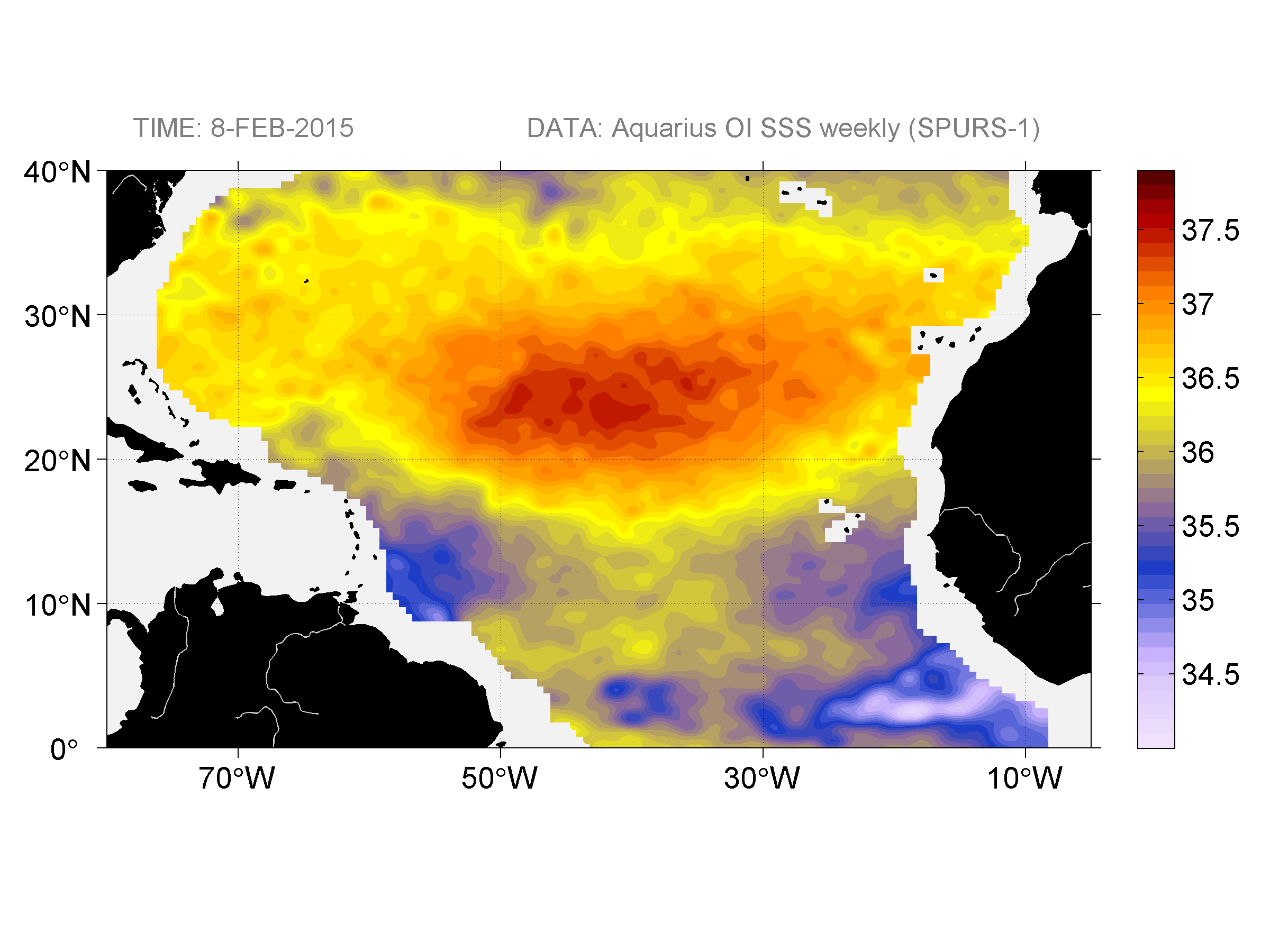 Weekly gridded map of sea surface salinity, week ofFebruary 8, 2015.