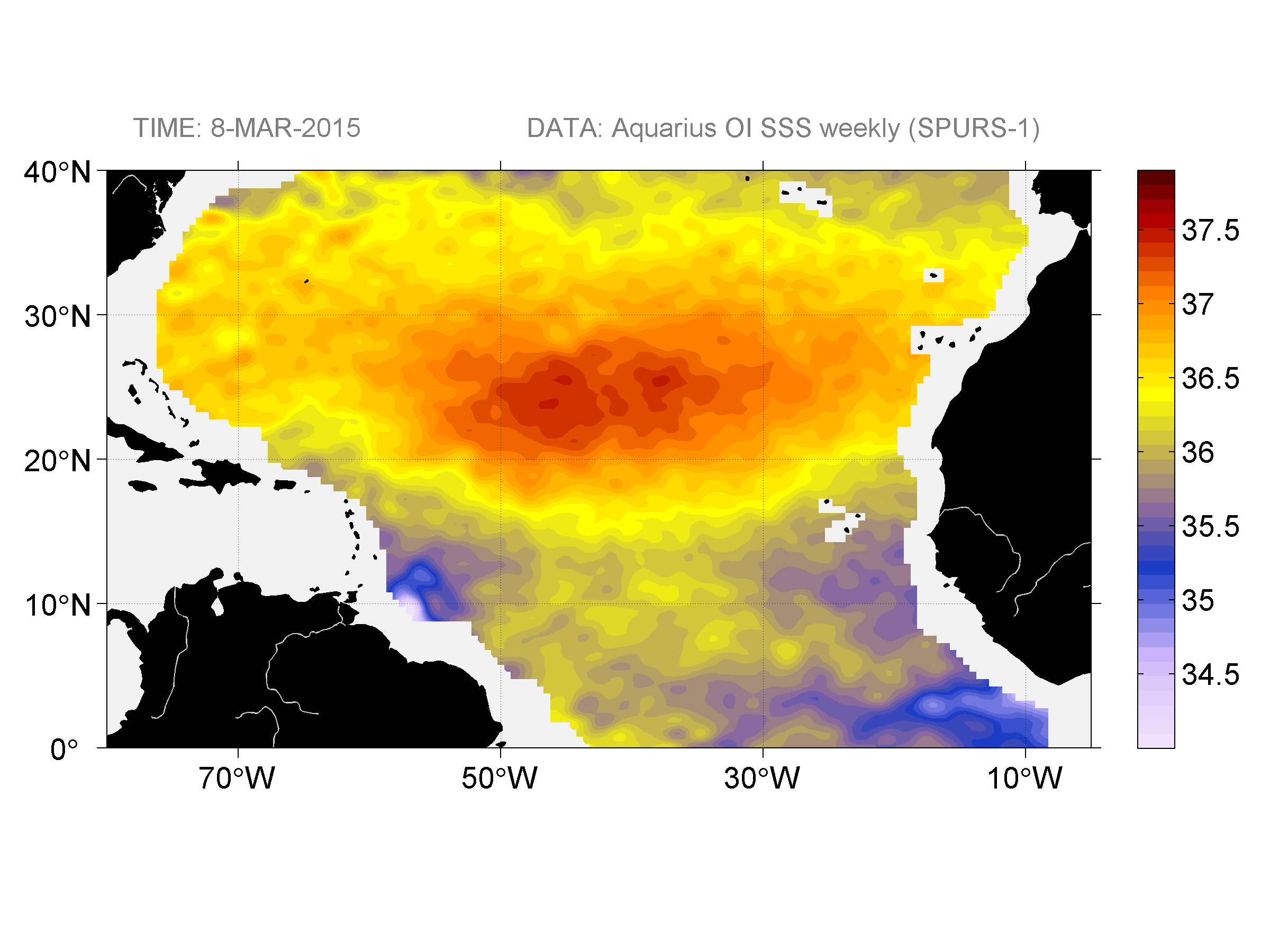Weekly gridded map of sea surface salinity, week ofMarch 8, 2015.