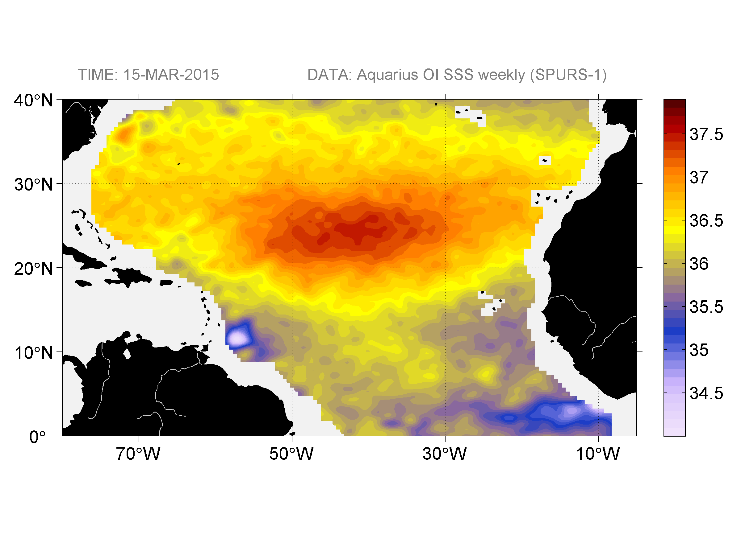 Weekly gridded map of sea surface salinity, week ofMarch 15, 2015.