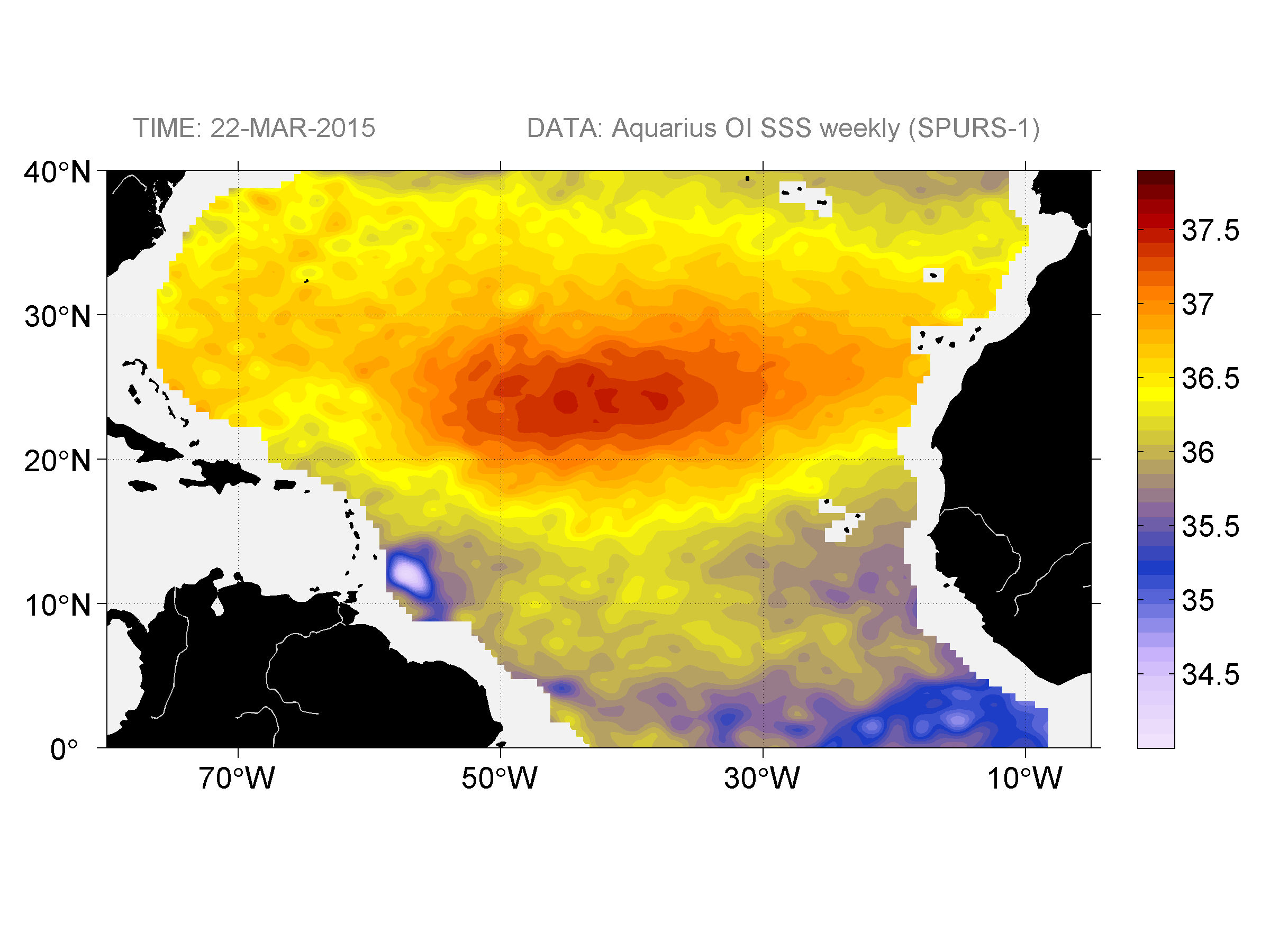 Weekly gridded map of sea surface salinity, week ofMarch 22, 2015.