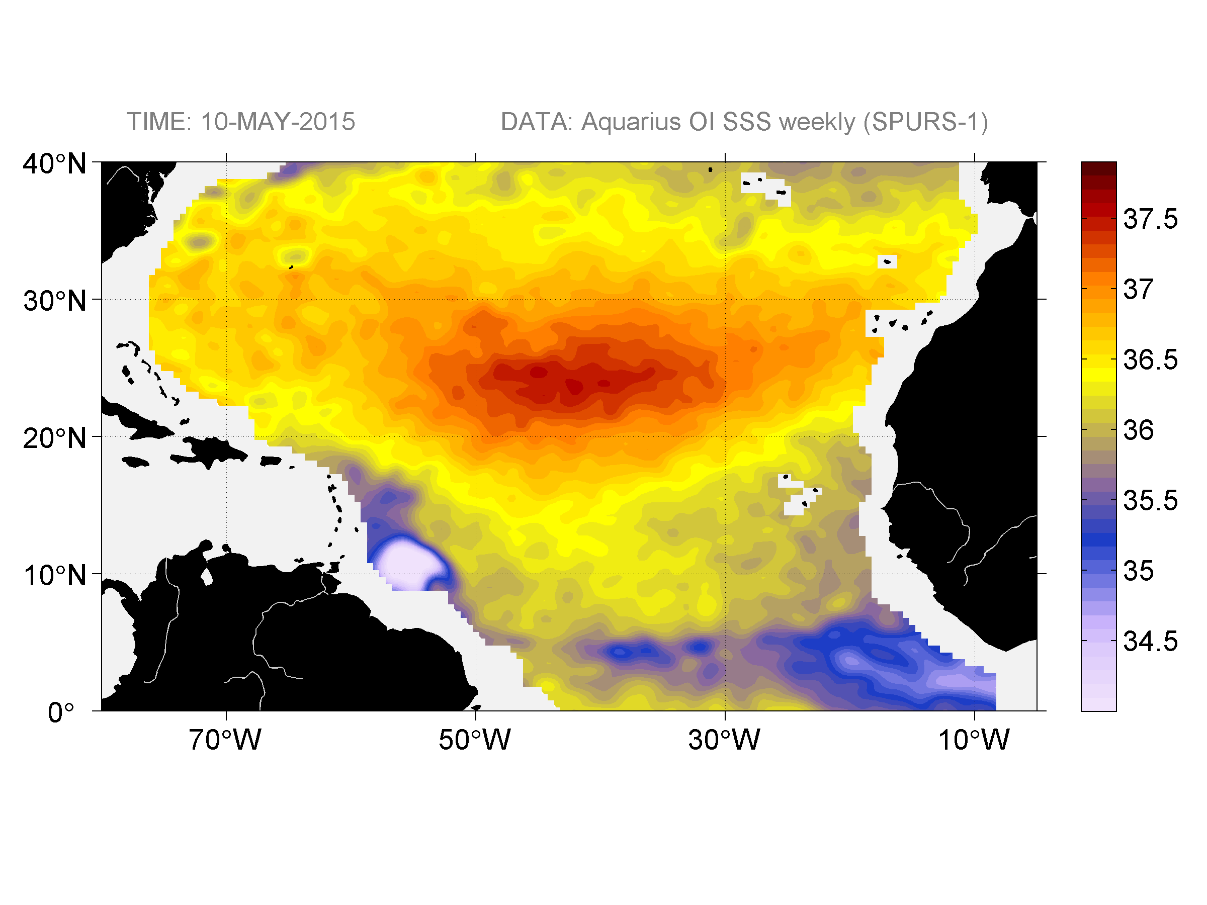 Weekly gridded map of sea surface salinity, week ofMay 10, 2015.