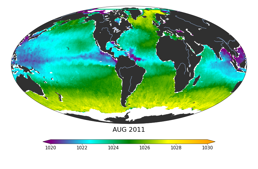 Monthly composite map of sea surface density, August 2011.