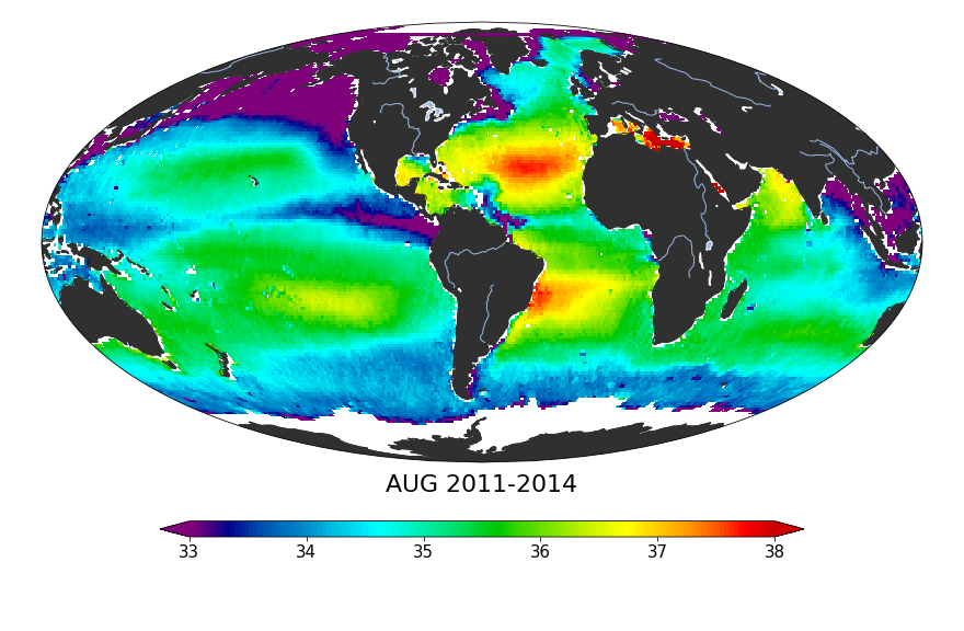 Monthly climatology maps of sea surface salinity, August Months, 2011-2014.