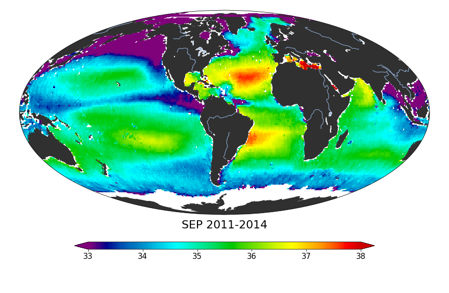 Monthly climatology maps of sea surface salinity, September Months, 2011-2014.