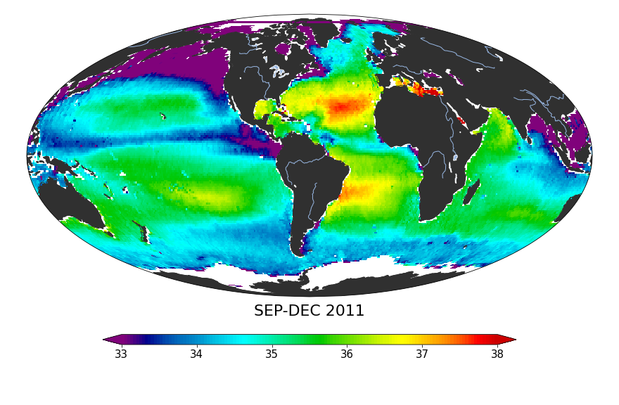 Global sea surface salinity, September 2011 - December 2011