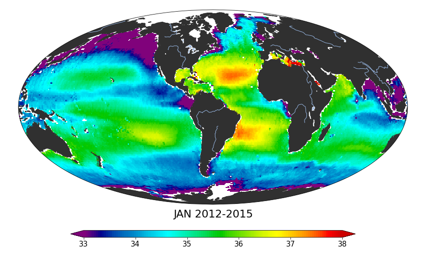 Monthly climatology maps of sea surface salinity, January Months, 2012-2015.