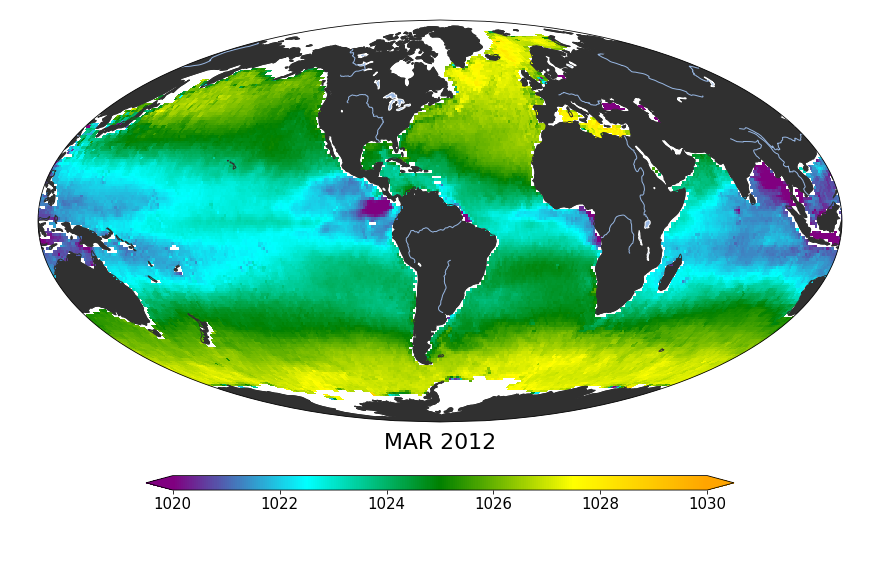Monthly composite map of sea surface density, March 2012.
