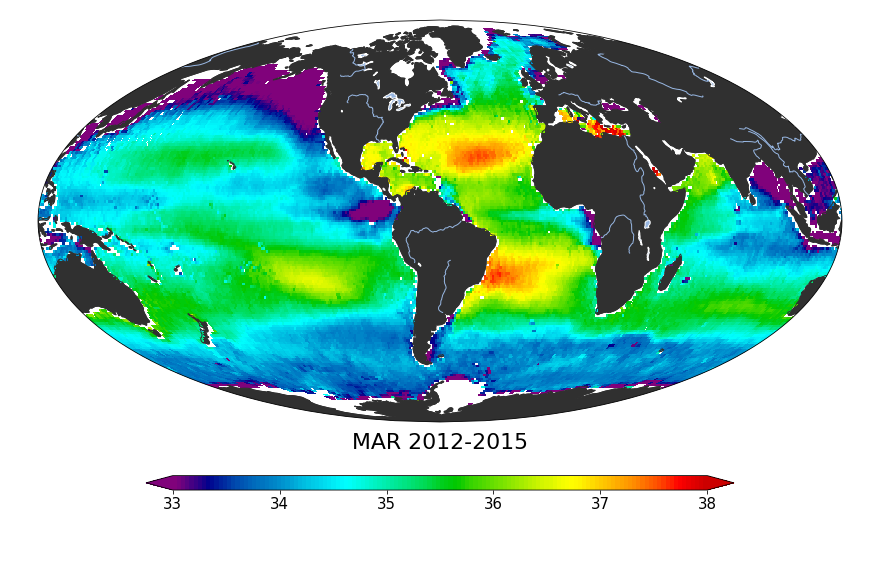 Monthly climatology maps of sea surface salinity, March Months, 2012-2015.