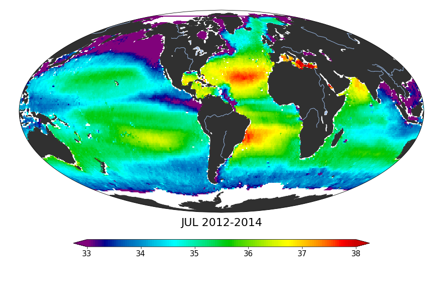 Monthly climatology maps of sea surface salinity, July Months, 2012-2014.