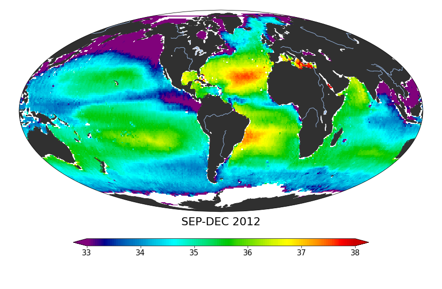 Global sea surface salinity, September 2012 - December 2012