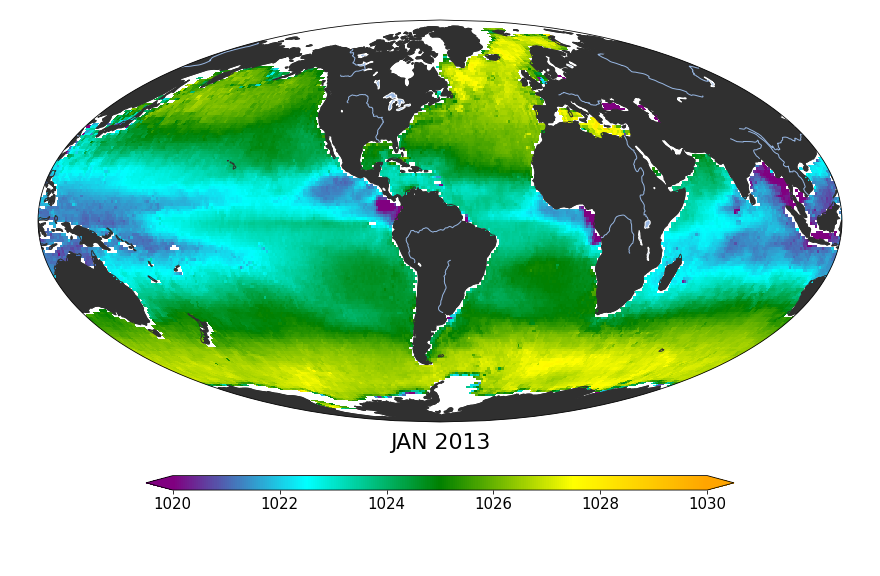 Monthly composite map of sea surface density, January 2013.