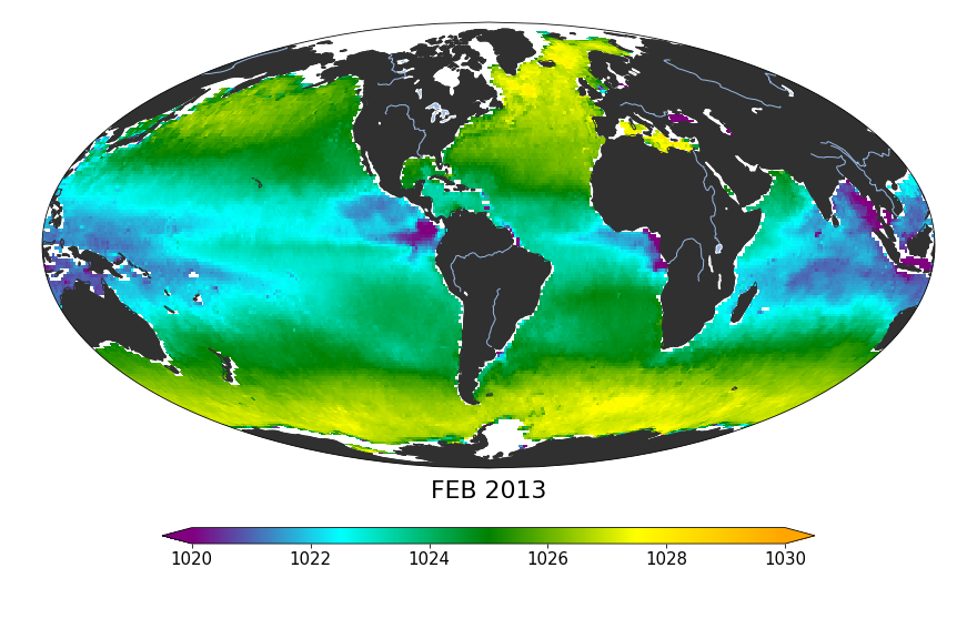 Monthly composite map of sea surface density, February 2013.